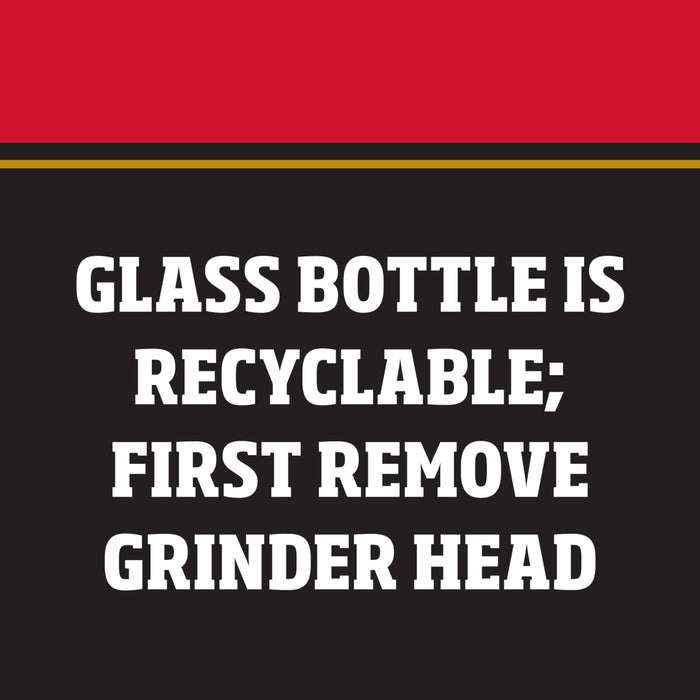 A black and white graphic with white text that reads Glass bottle is recyclable; first remove grinder head.