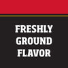 A black and white graphic with the words Freshly Ground Flavor in bold white letters.