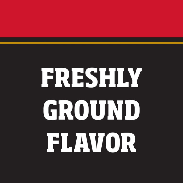 A black and white graphic with the words Freshly Ground Flavor in bold white letters.