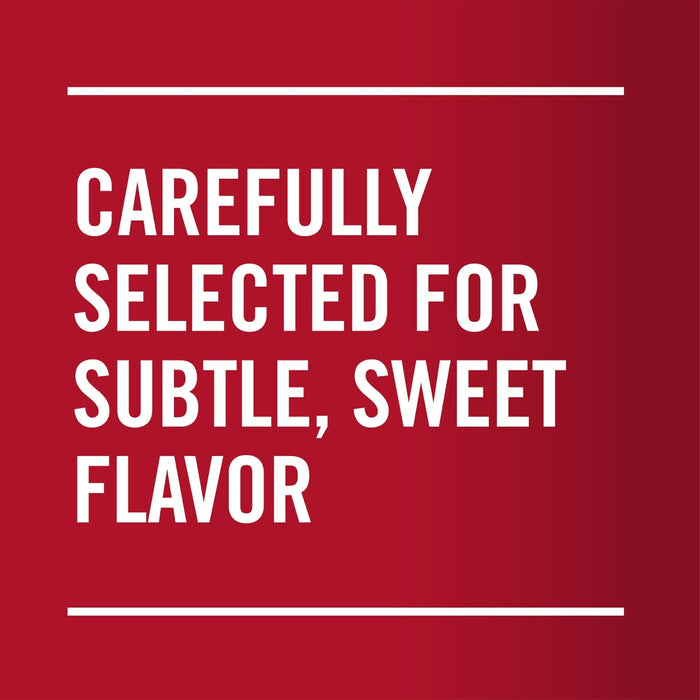 White text on a red background reads Carefully selected for subtle, sweet flavor.