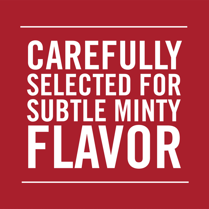 A white text on a red background that says Carefully selected for subtle minty flavor.