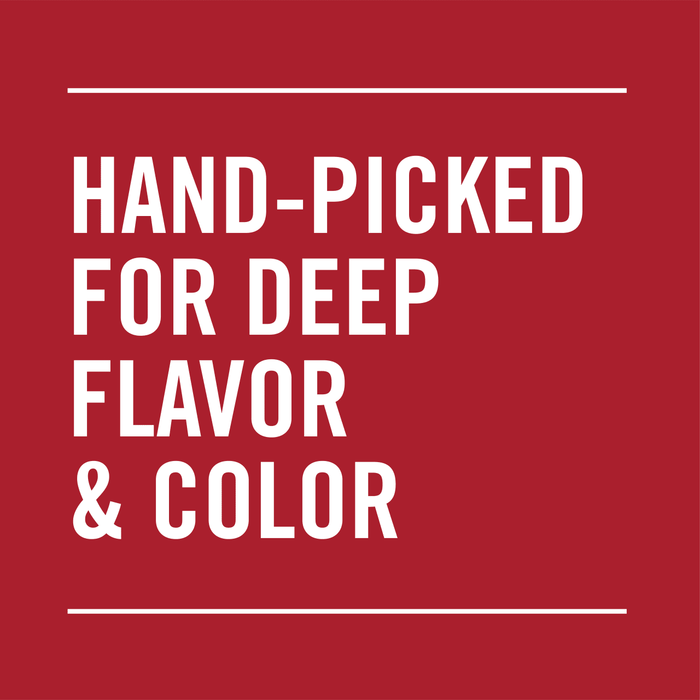 White text on a red background reads HAND-PICKED FOR DEEP FLAVOR &amp; COLOR.