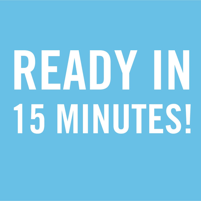 White text on a blue background reads Ready in 15 minutes!