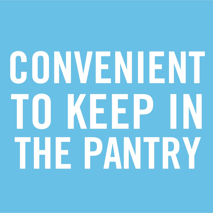 White text on a blue background reads Convenient to keep in the pantry.