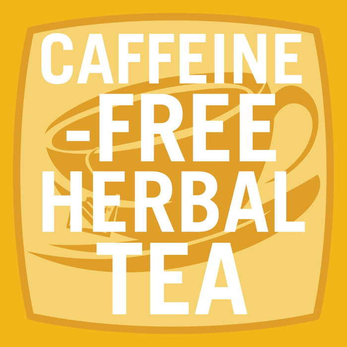 A yellow square with rounded corners contains a white logo that says Caffeine-Free Herbal Tea with a stylized teacup graphic.