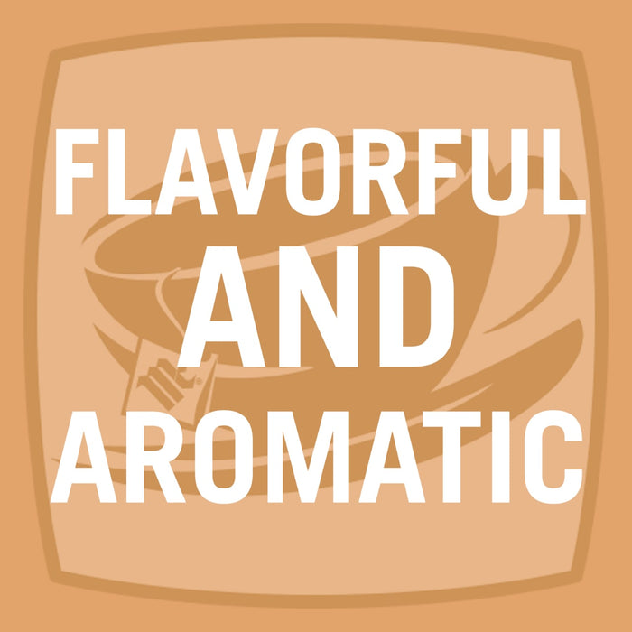 A white text on a brown background that says Flavorful and Aromatic