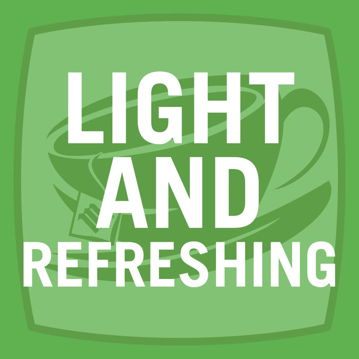 A green illustration of a cup with the words LIGHT AND REFRESHING in white.