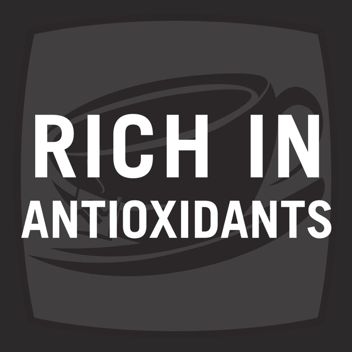 A black and white illustration of a cup of coffee with the text Rich in Antioxidants on top.
