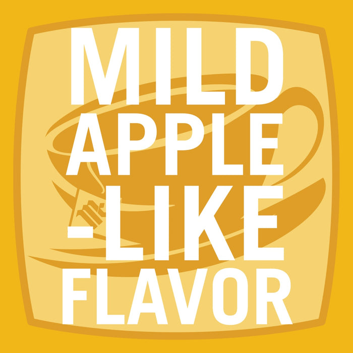 A yellow illustration with a cup of coffee and the text Mild Apple-Like Flavor.