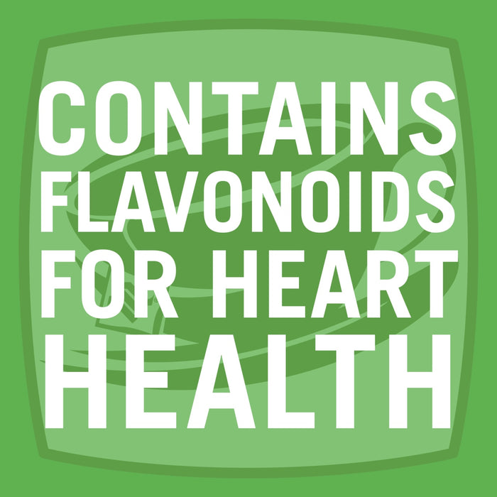 A green graphic with white text that reads Contains Flavonoids for Heart Health.