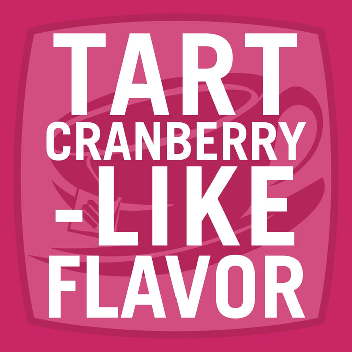 A pink square with white text that reads Tart Cranberry-Like Flavor.
