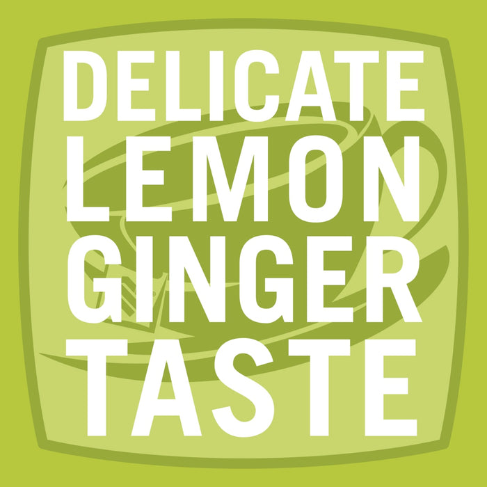 A graphic with a cup of tea and the words Delicate Lemon Ginger Taste in white on a green background.
