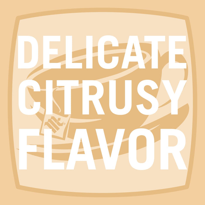 A logo for a citrus flavored product with the words Delicate Citrusy Flavor in white text.