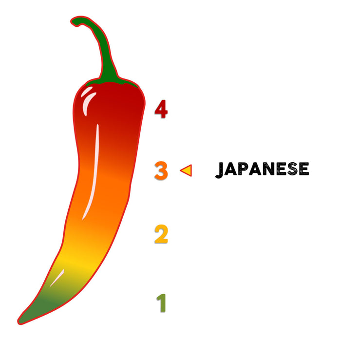A red chili pepper with a gradient of orange, yellow, and green, with the word JAPANESE next to it.