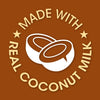 A logo with a white coconut and the text Made with Real Coconut Milk in yellow.