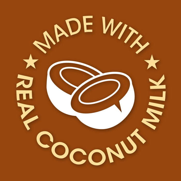 A logo with a white coconut and the text Made with Real Coconut Milk in yellow.