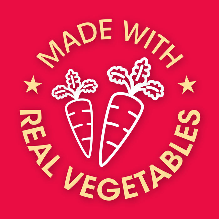A logo with two carrots and the text Made with Real Vegetables in a circle.