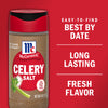 A container of McCormick Celery Salt with a red background that says Easy-to-find Best By Date, Long Lasting Fresh Flavor.