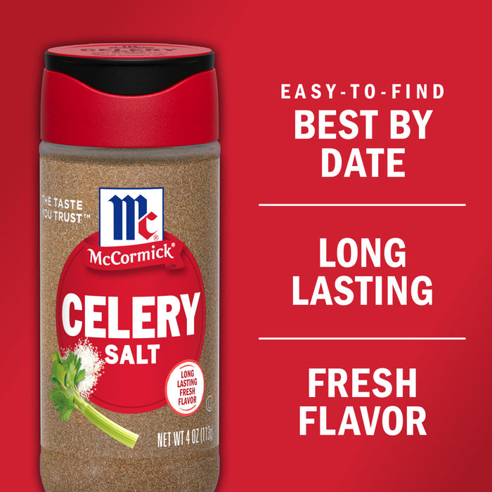 A container of McCormick Celery Salt with a red background that says Easy-to-find Best By Date, Long Lasting Fresh Flavor.