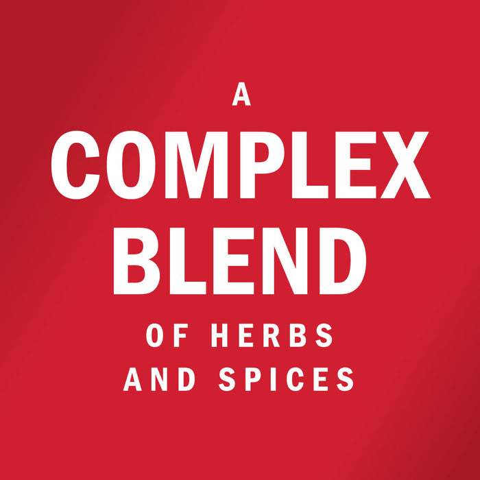 A complex blend of herbs and spices in white text on a red background.