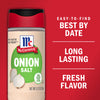 A McCormick Onion Salt container with a red lid and a green circle with the words Long Lasting Fresh Flavor on it.