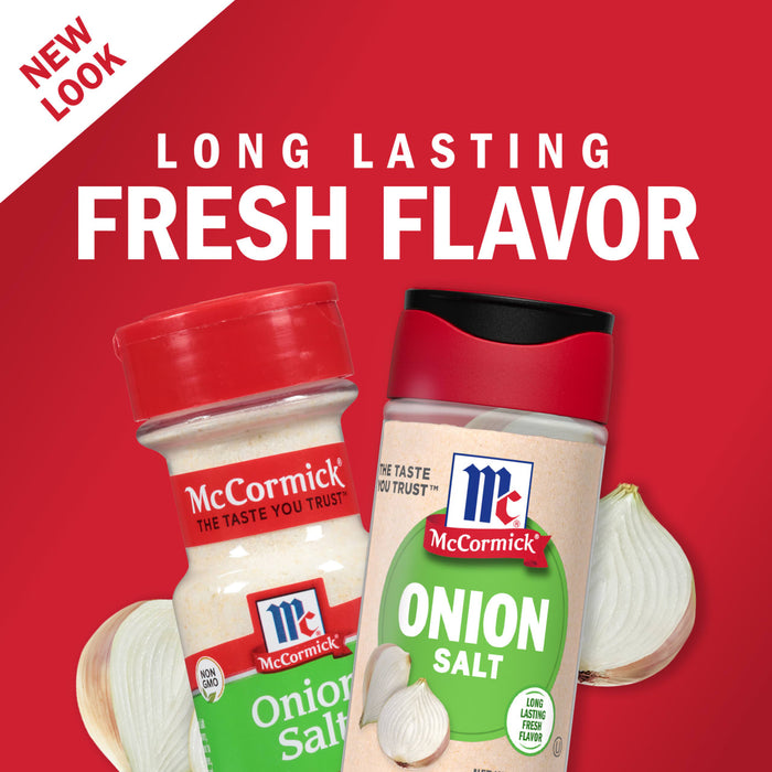Two McCormick Onion Salt containers with a slice of onion on a red background.