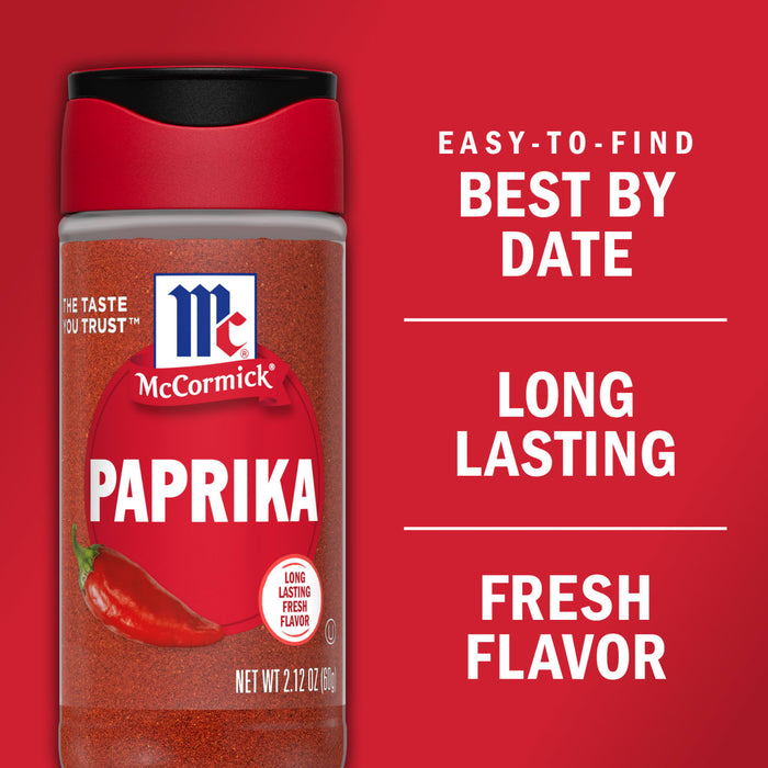 A jar of McCormick Paprika with a red pepper on the front and the words Long Lasting Fresh Flavor on the label.
