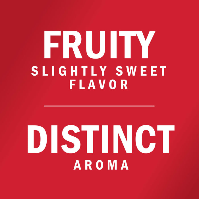 A red background with white text that reads Fruity Slightly Sweet Flavor and Distinct Aroma.