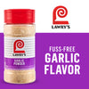 A container of Lawry's Garlic Powder is shown, emphasizing its fuss-free garlic flavor.