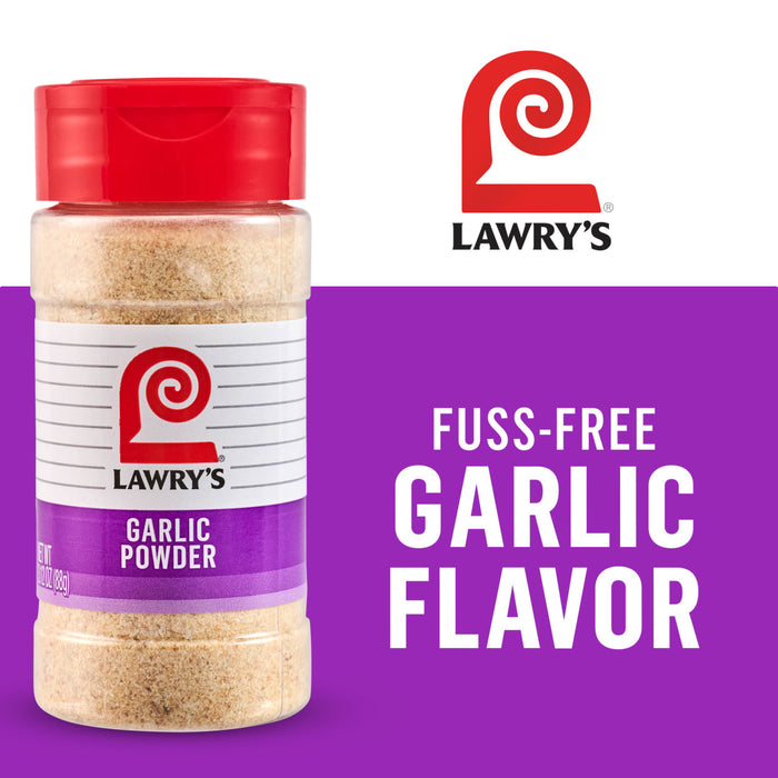 A container of Lawry's Garlic Powder is shown, emphasizing its fuss-free garlic flavor.