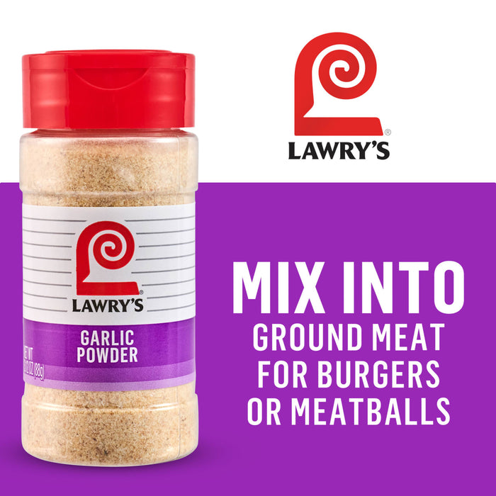 A container of Lawry's Garlic Powder is shown with text suggesting it be mixed into ground meat for burgers or meatballs.