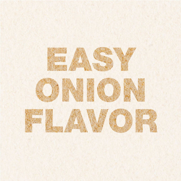 The words Easy Onion Flavor are written in a textured font that looks like ground onion.