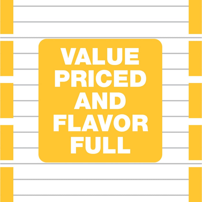 A yellow sign with the words Value Priced and Flavor Full in white.
