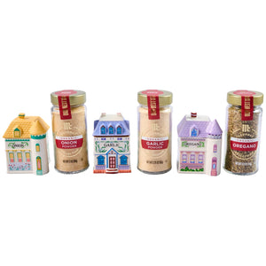 Three jars of McCormick Gourmet spices, including Onion Powder, Garlic Powder, and Oregano, are displayed next to their corresponding decorative house-shaped containers from the Lenox Pack.