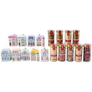 A collection of McCormick Gourmet spices, including thyme, sage, and cinnamon, are displayed next to the corresponding decorative, house-shaped ceramic jars from the Lenox Pack.