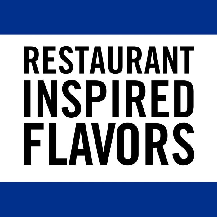A logo with the text RESTAURANT INSPIRED FLAVORS in black on a white background with blue stripes above and below.