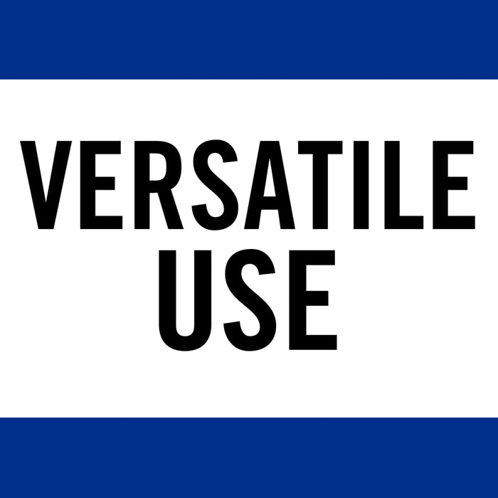 A white banner with blue stripes at the top and bottom, with the text VERSATILE USE in black.