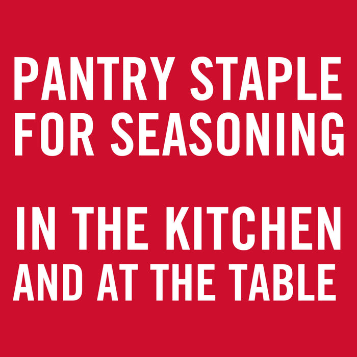 White text on a red background reads Pantry Staple for Seasoning in the Kitchen and at the Table.