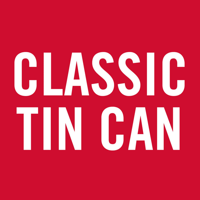 A white logo on a red background that says Classic Tin Can