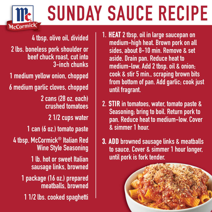 A McCormick Sunday Sauce recipe with a picture of the finished dish.