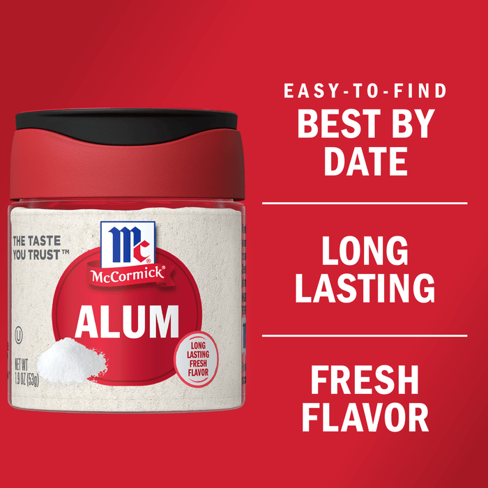 A container of McCormick Alum with a red lid and a white label.