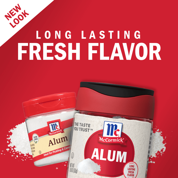 Two containers of McCormick Alum, one small and one large, with a red background and white powder spilling out.