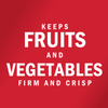 White text on a red background reads Keeps Fruits and Vegetables Firm and Crisp