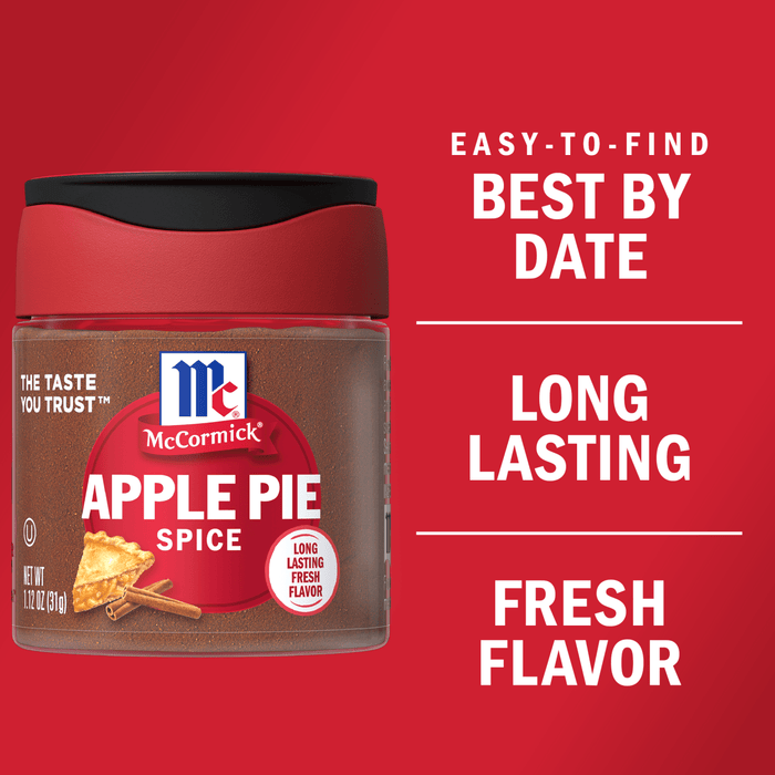A jar of McCormick Apple Pie Spice with a pie crust and cinnamon sticks on the label.