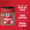 A container of McCormick Caraway Seed with a red background and text that says Easy-to-find, Best By Date, Long Lasting, Fresh Flavor.