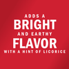 White text on a red background reads Adds a bright and earthy flavor with a hint of licorice.