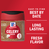 A McCormick Celery Seed spice jar with a red background and the words Easy-to-find, Best By Date, Long Lasting, Fresh Flavor in white.