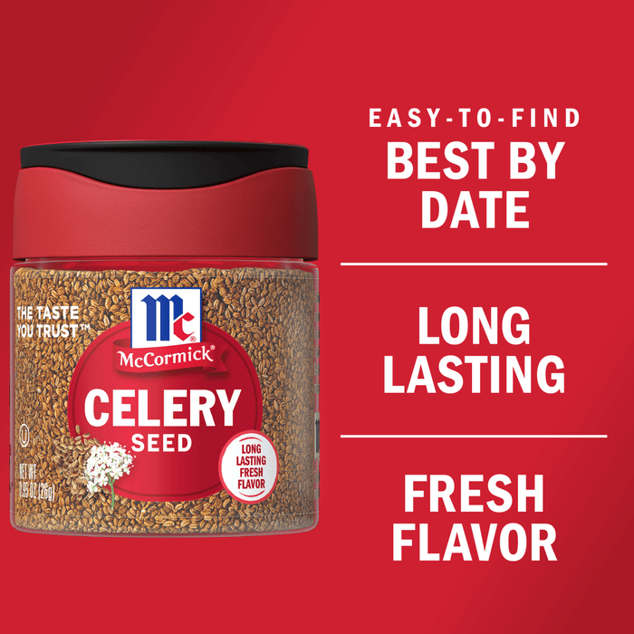 A McCormick Celery Seed spice jar with a red background and the words Easy-to-find, Best By Date, Long Lasting, Fresh Flavor in white.