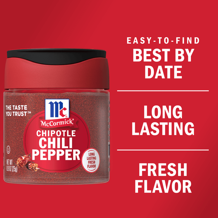 A McCormick Chipotle Chili Pepper spice jar with a red background and text that says Easy-to-find Best By Date, Long Lasting Fresh Flavor.