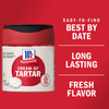 A container of McCormick Cream of Tartar with a red background and text that says Easy-to-find Best By Date, Long Lasting Fresh Flavor.